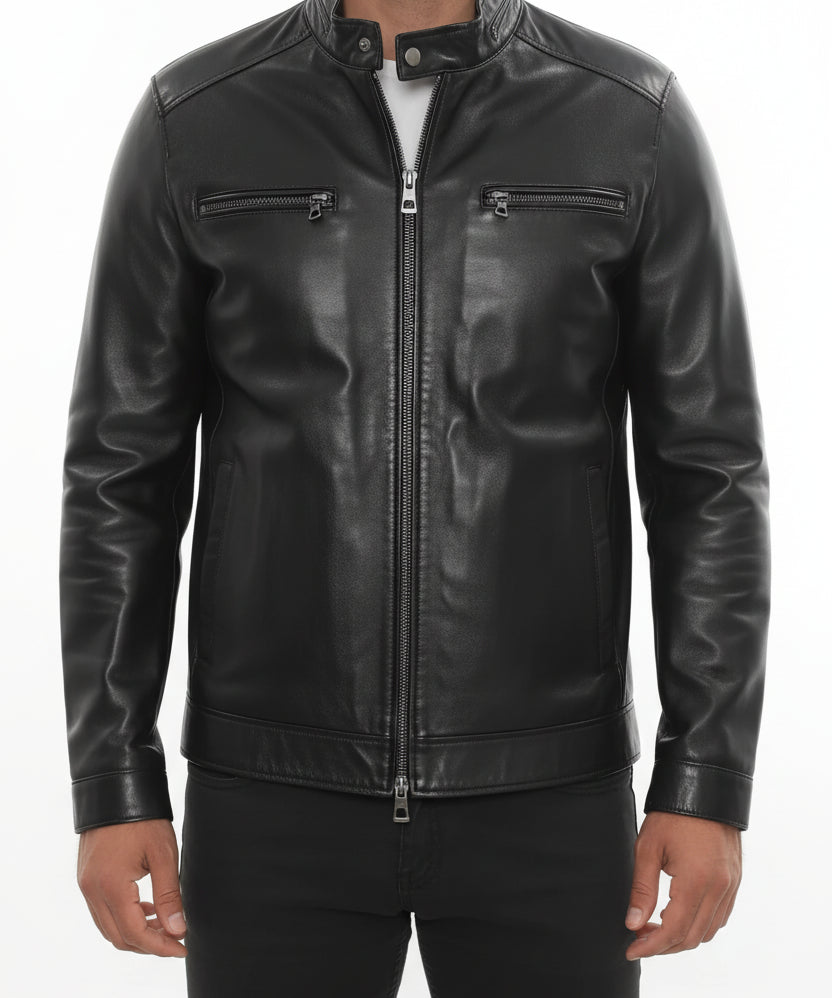 model-front-closed - Men's Cafe Racer Leather Jacket, Smooth Leather Biker Jacket, Men's Motorcycle Jacket, Leather Moto Jacket