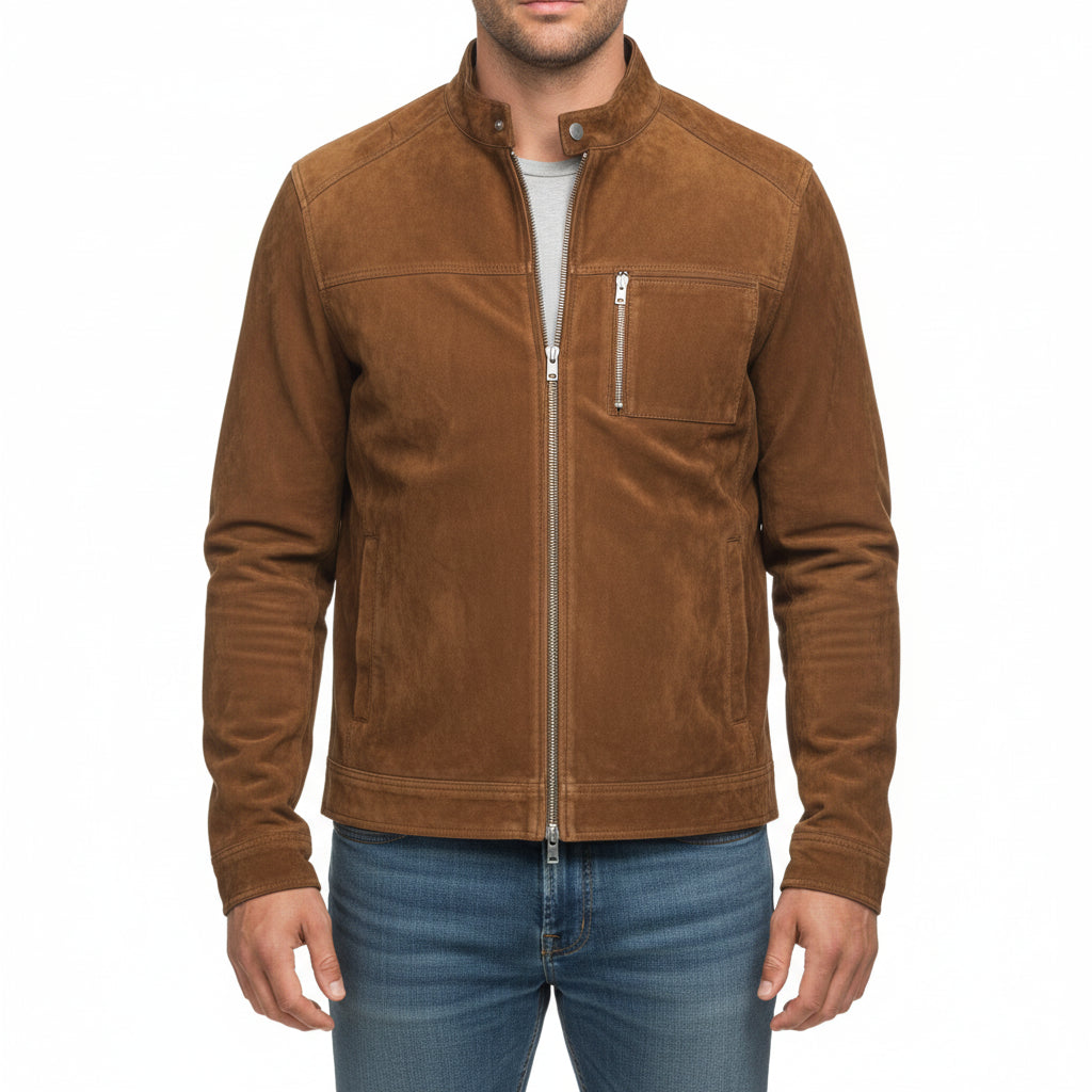 model-front-closed - Men's Cafe Racer Suede Jacket, Suede Biker Jacket, Men's Motorcycle Jacket, Brown Suede Moto Jacket