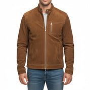 model-front-closed - Men's Cafe Racer Suede Jacket, Suede Biker Jacket, Men's Motorcycle Jacket, Brown Suede Moto Jacket