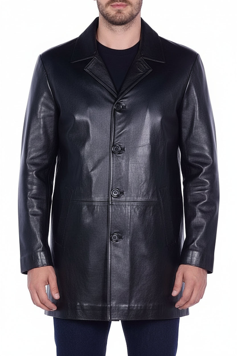 model-front-closed - Men's Car Coat Jacket, Leather Overcoat, Tailored Leather Jacket, Smooth Leather Coat
