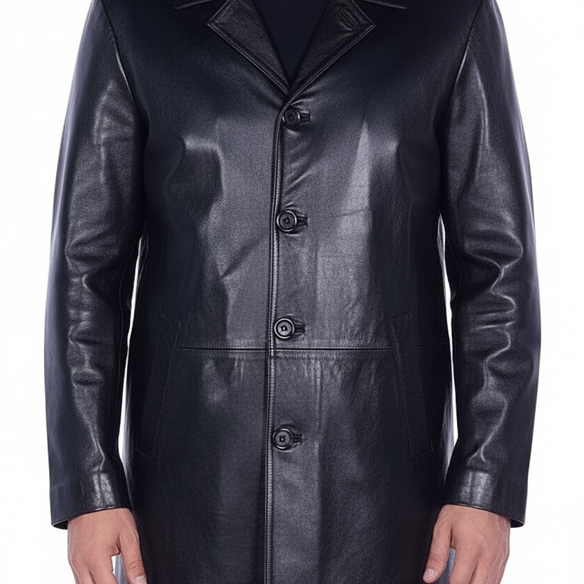 model-front-closed - Men's Car Coat Jacket, Leather Overcoat, Tailored Leather Jacket, Smooth Leather Coat