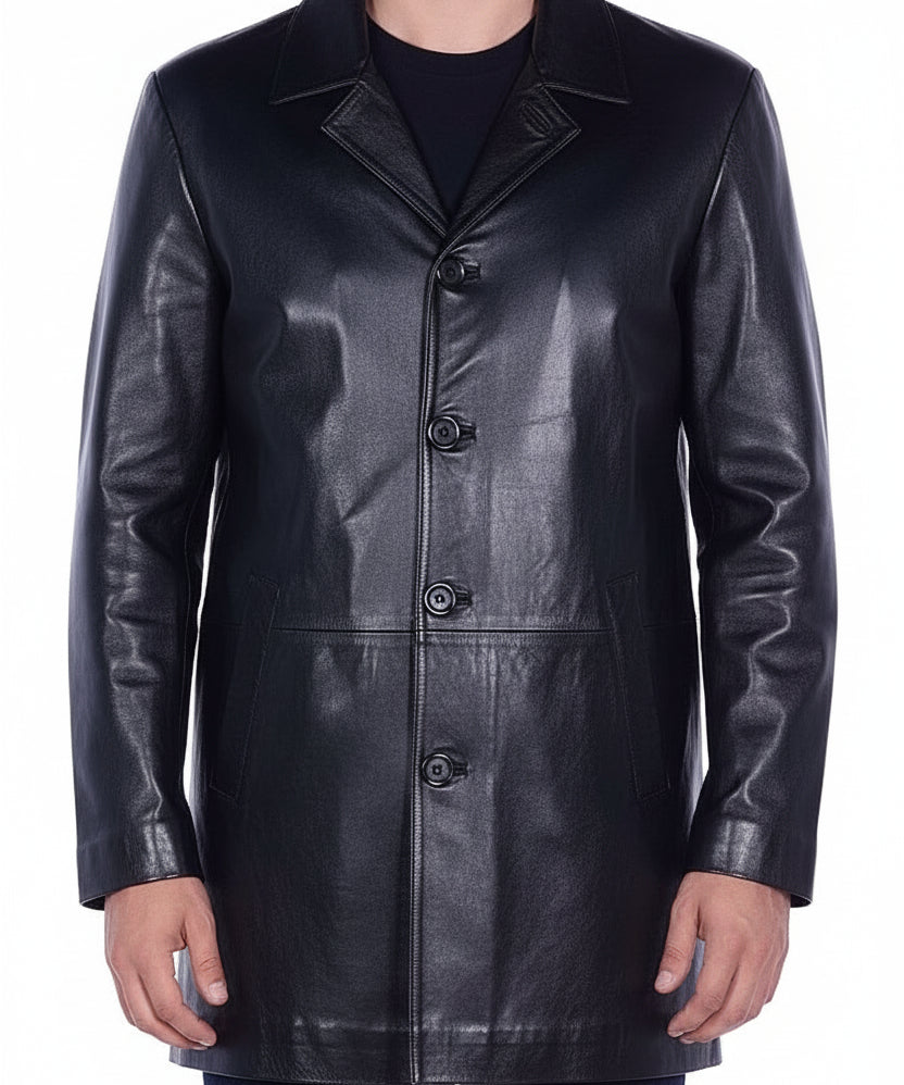 model-front-closed - Men's Car Coat Jacket, Leather Overcoat, Tailored Leather Jacket, Smooth Leather Coat