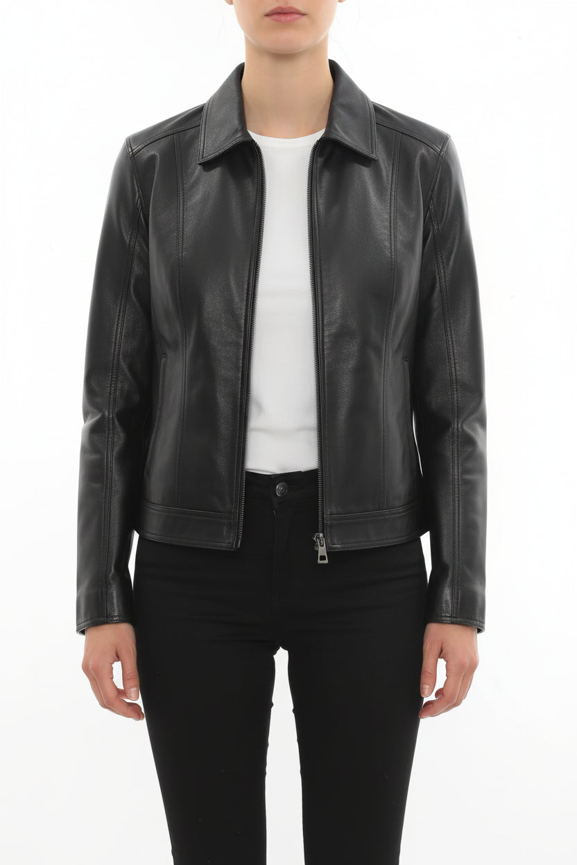 model-front-closed - Men's Classic Leather Jacket, Leather Shirt Collar Jacket, Handmade Leather Jacket, Minimalist Leather Jacket