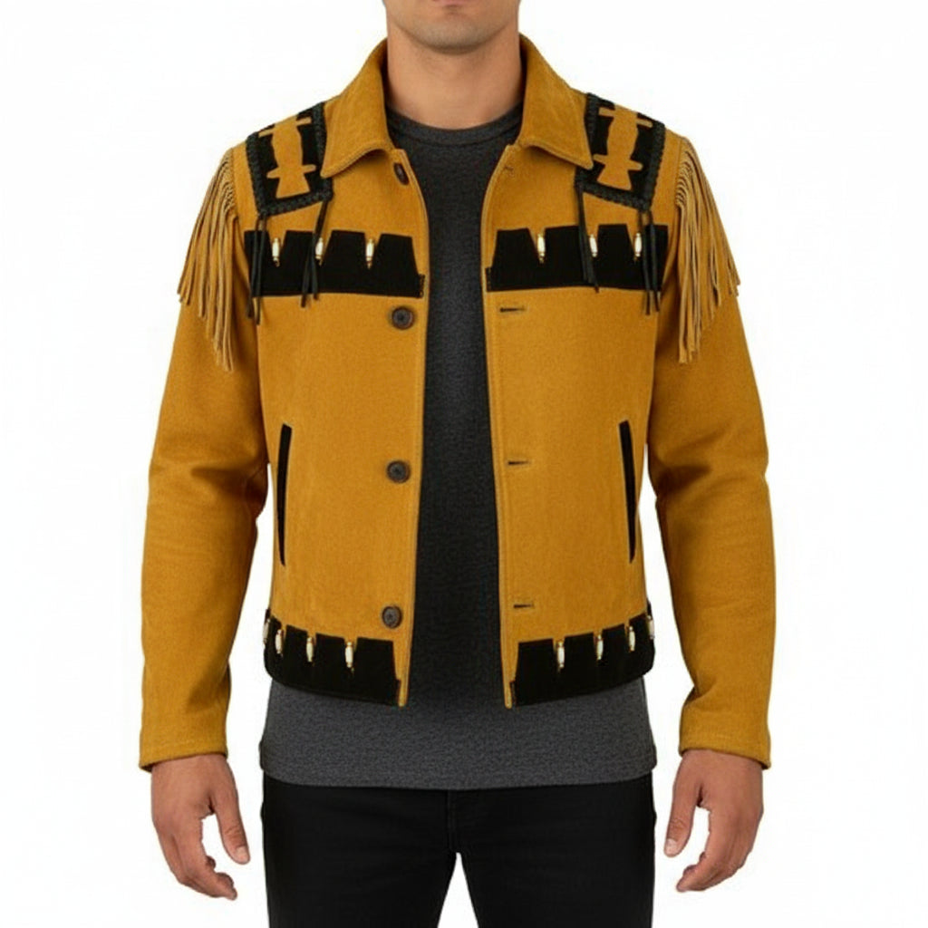 model-front-closed - Men's Cowboy Suede Leather Jacket with Fringes and Beadwork