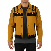 model-front-closed - Men's Cowboy Suede Leather Jacket with Fringes and Beadwork