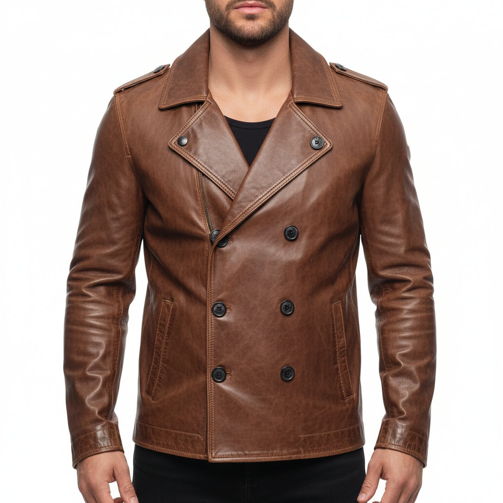 model-front-closed - Men's Double-Breasted Leather Pea Coat, Military-Inspired Leather Jacket, Leather Military Jacket