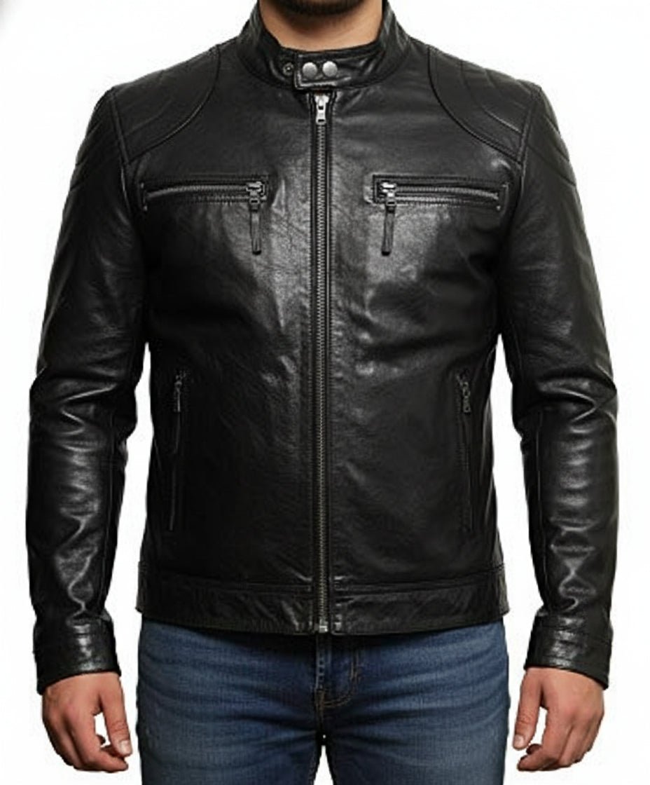 model-front-closed - Mens Fashion Black Leather Jacket, Men Biker Leather Jacket, Jacket For