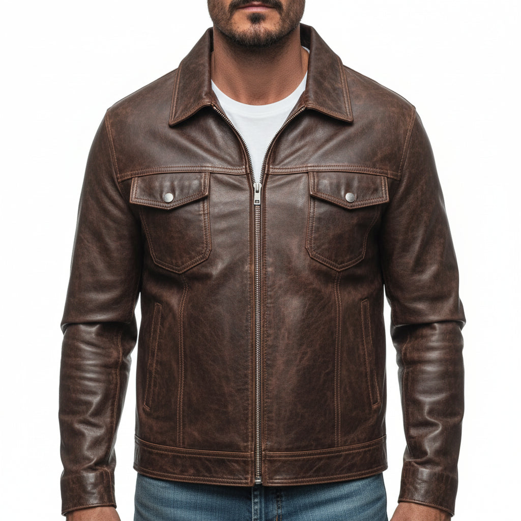 model-front-closed - Men's Field Jacket Leather Jacket, Leather Trucker Jacket, Men's Outdoor Leather Jacket, Distressed Leather Jacket