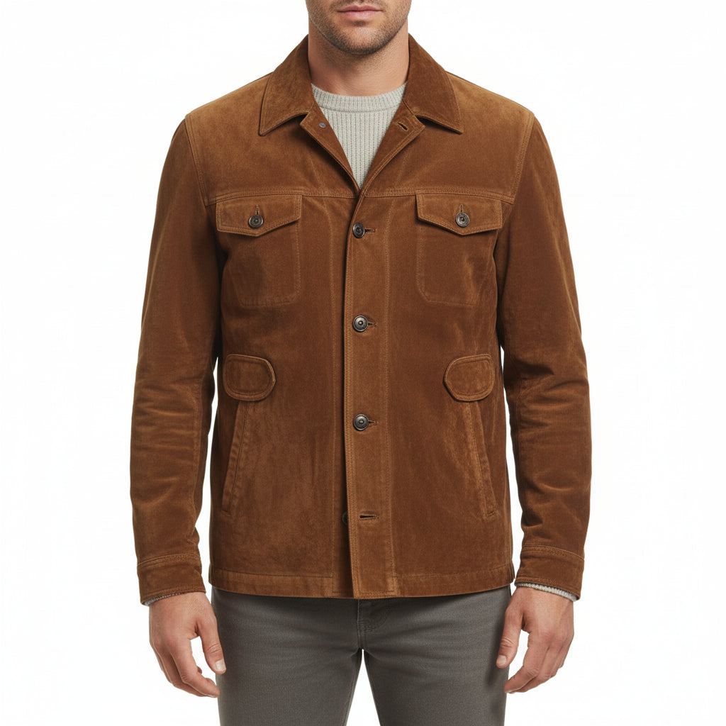 model-front-closed - Men's Field Jacket, Men's Safari Jacket, Suede Leather Jacket, Cognac Brown Jacket
