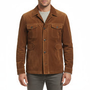 model-front-closed - Men's Field Jacket, Men's Safari Jacket, Suede Leather Jacket, Cognac Brown Jacket