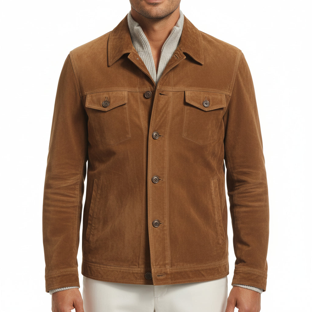 model-front-closed - Men's Field Jacket, Suede Safari Jacket, Brown Suede Jacket, Outdoor Leather Jacket