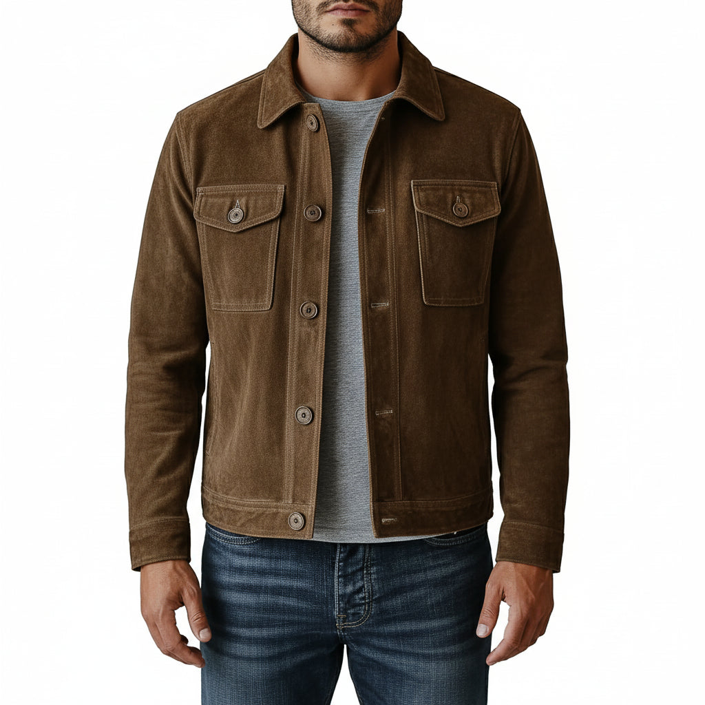 model-front-closed - Men's Field Jacket, Suede Trucker Jacket, Brown Suede Jacket, Suede Outdoor Jacket