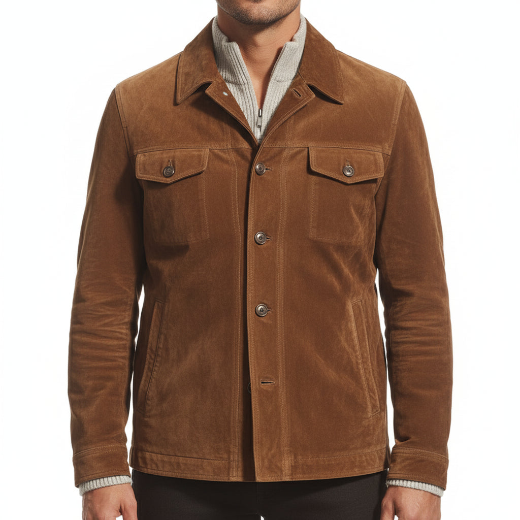 model-front-closed - Men's Field Suede Jacket, Suede Field Jacket, Men's Casual Suede Jacket, Brown Suede Jacket