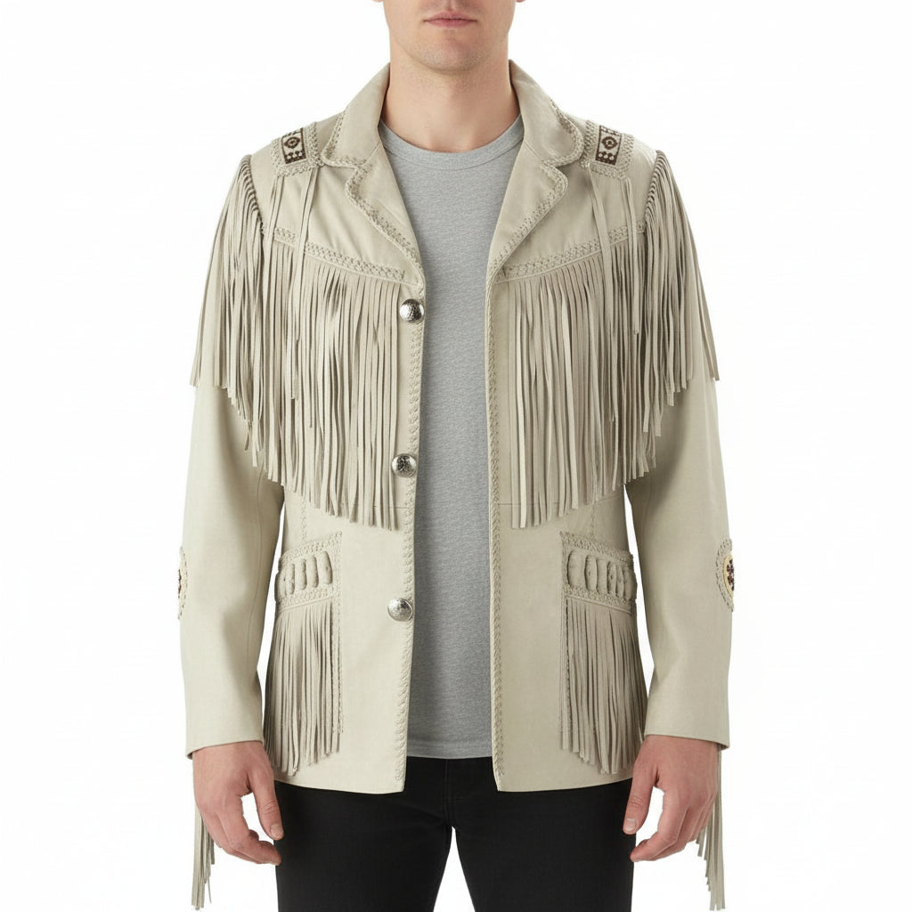 model-front-closed - Men's Fringed White Suede Cowboy Jacket
