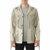 model-front-closed - Men's Fringed White Suede Cowboy Jacket
