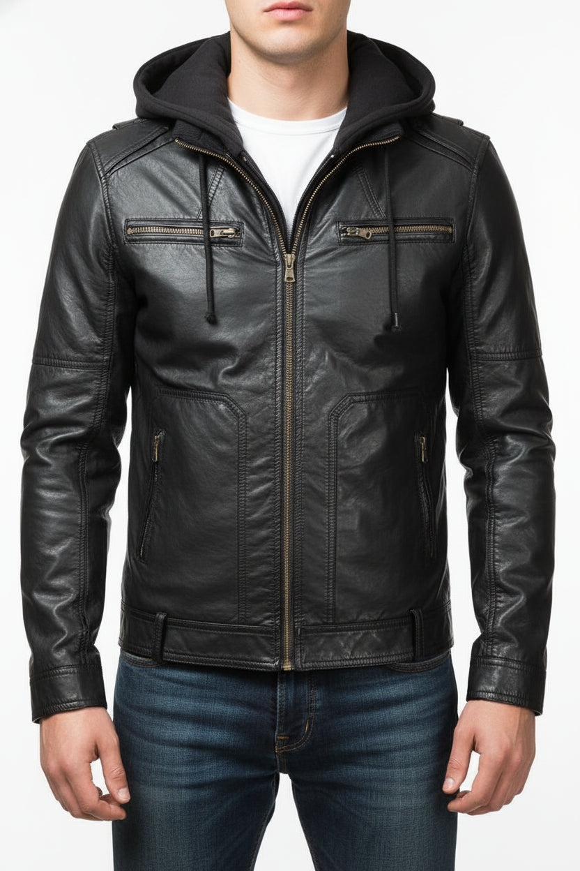 model-front-closed - Men's Hooded Biker Leather Jacket with Detachable Fabric Hood