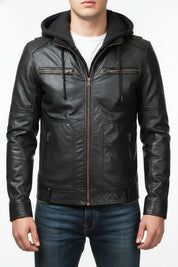 model-front-closed - Men's Hooded Biker Leather Jacket with Detachable Fabric Hood