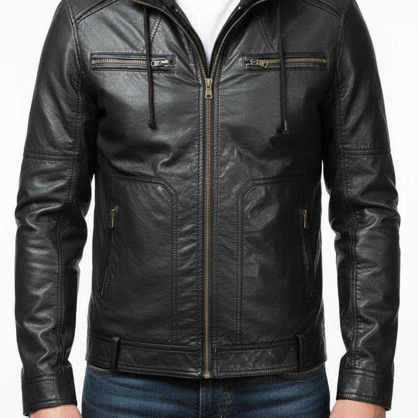 model-front-closed - Men's Hooded Biker Leather Jacket with Detachable Fabric Hood