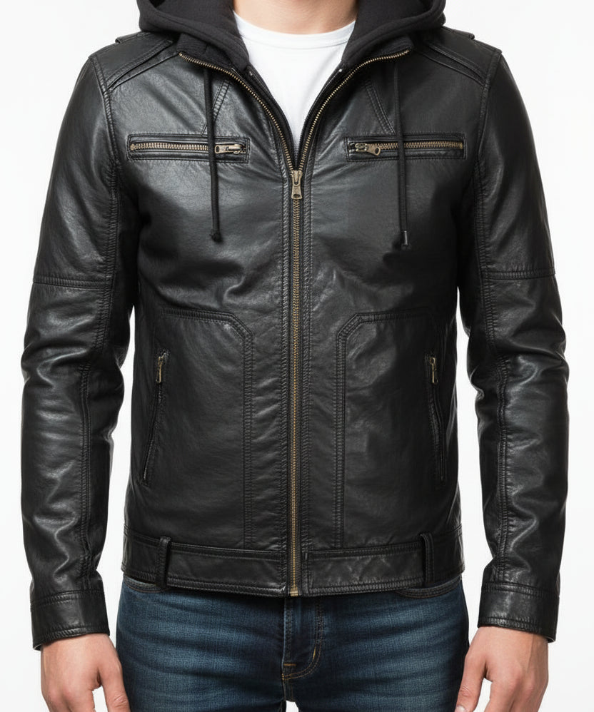 model-front-closed - Men's Hooded Biker Leather Jacket with Detachable Fabric Hood