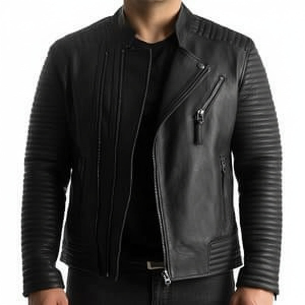 model-front-closed - Mens Leather Jacket Black Quilted Genuine Lambskin Biker Motorcycle