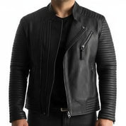 model-front-closed - Mens Leather Jacket Black Quilted Genuine Lambskin Biker Motorcycle