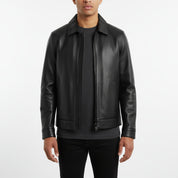 model-front-closed - Men's Leather Jacket, Classic Leather Jacket, Minimalist Leather Jacket, Black Leather Jacket