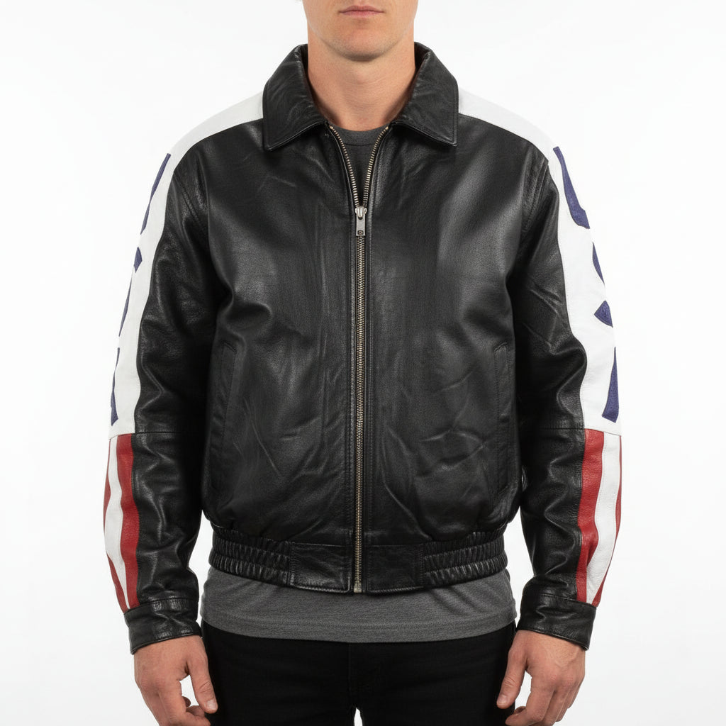 model-front-closed - Men's Leather USA Flag Jacket with YKK Zips