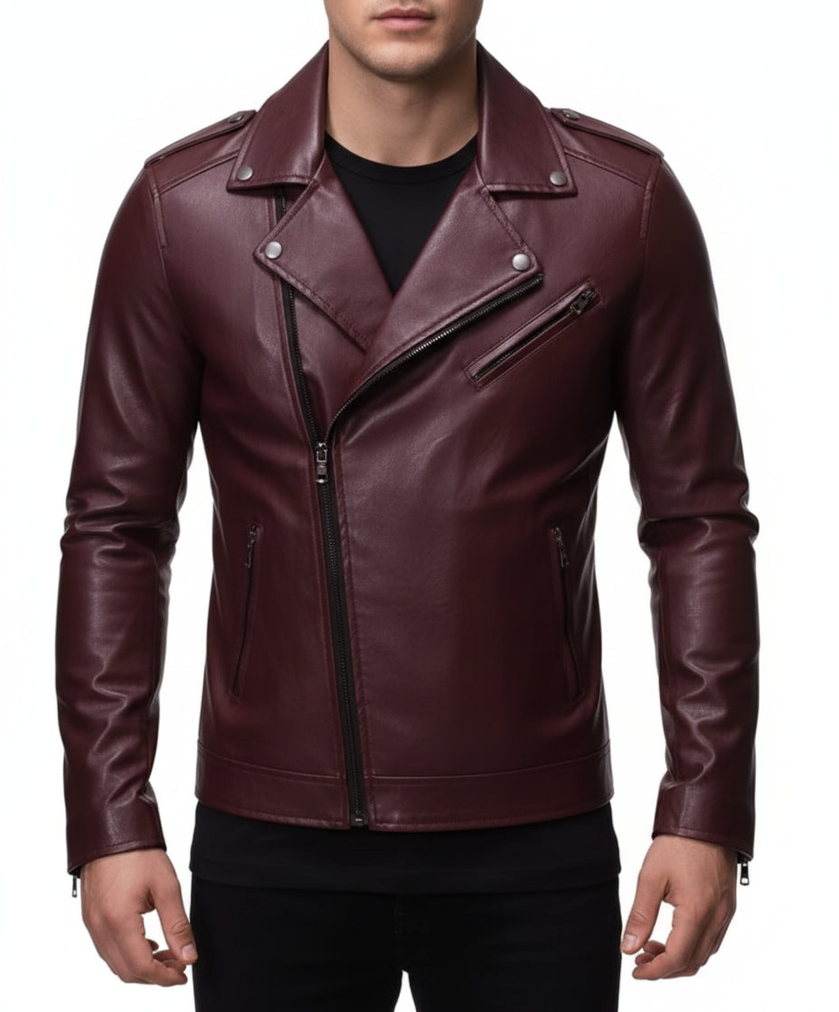 model-front-closed - Mens Maroon biker leather jacket Jacket, maroon leather jacket for men