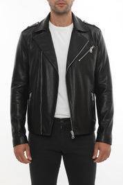 model-front-closed - Men's Moto Leather Jacket, Biker Jacket, Asymmetrical Zip Leather Jacket, Motorcycle Jacket