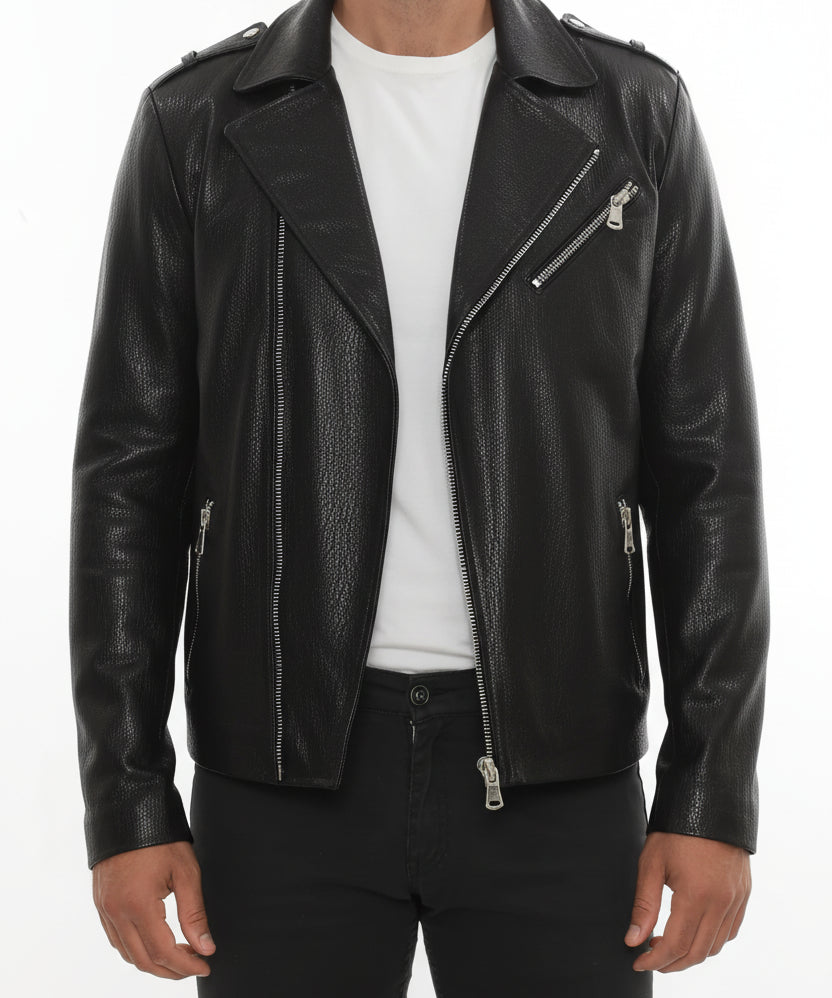 model-front-closed - Men's Moto Leather Jacket, Biker Jacket, Asymmetrical Zip Leather Jacket, Motorcycle Jacket