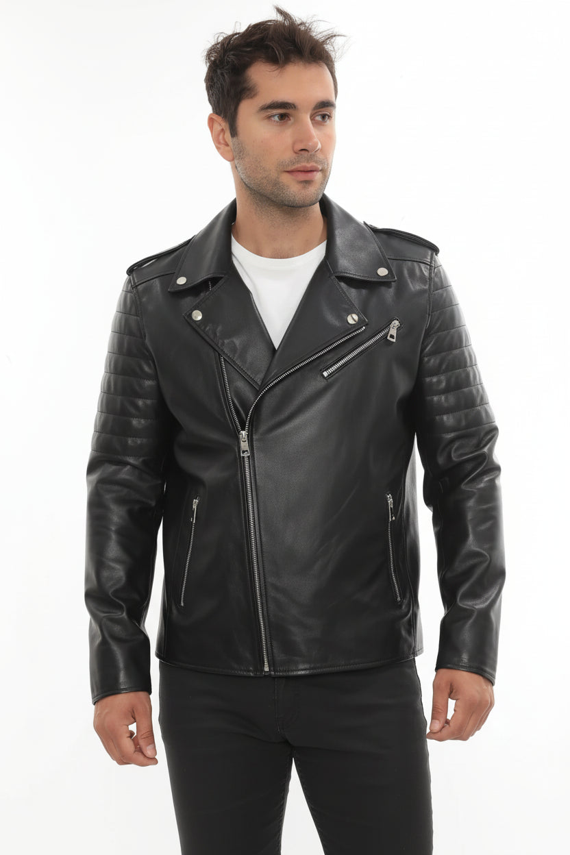 model-front-closed - Men's Moto Leather Jacket, Biker Jacket, Leather Motorcycle Jacket, Men's Leather Moto Jacket