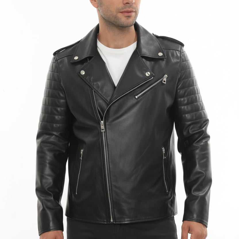 model-front-closed - Men's Moto Leather Jacket, Biker Jacket, Leather Motorcycle Jacket, Men's Leather Moto Jacket