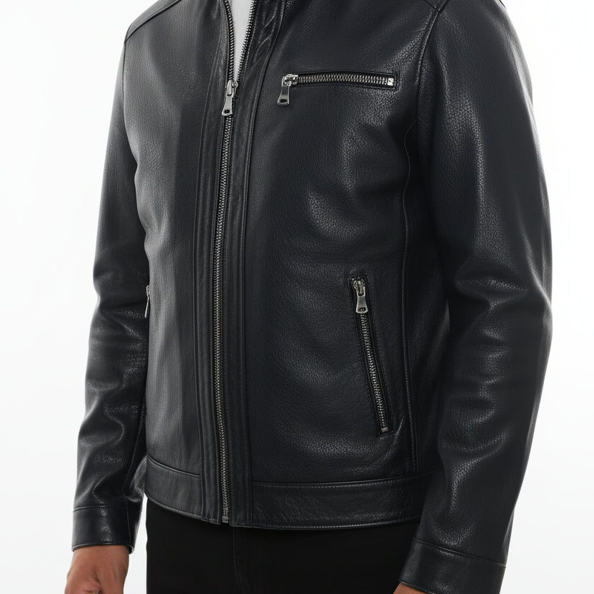 model-front-closed - Men's Racer Leather Jacket, Black Leather Jacket, Cafe Racer Jacket, Slim Fit Biker Jacket
