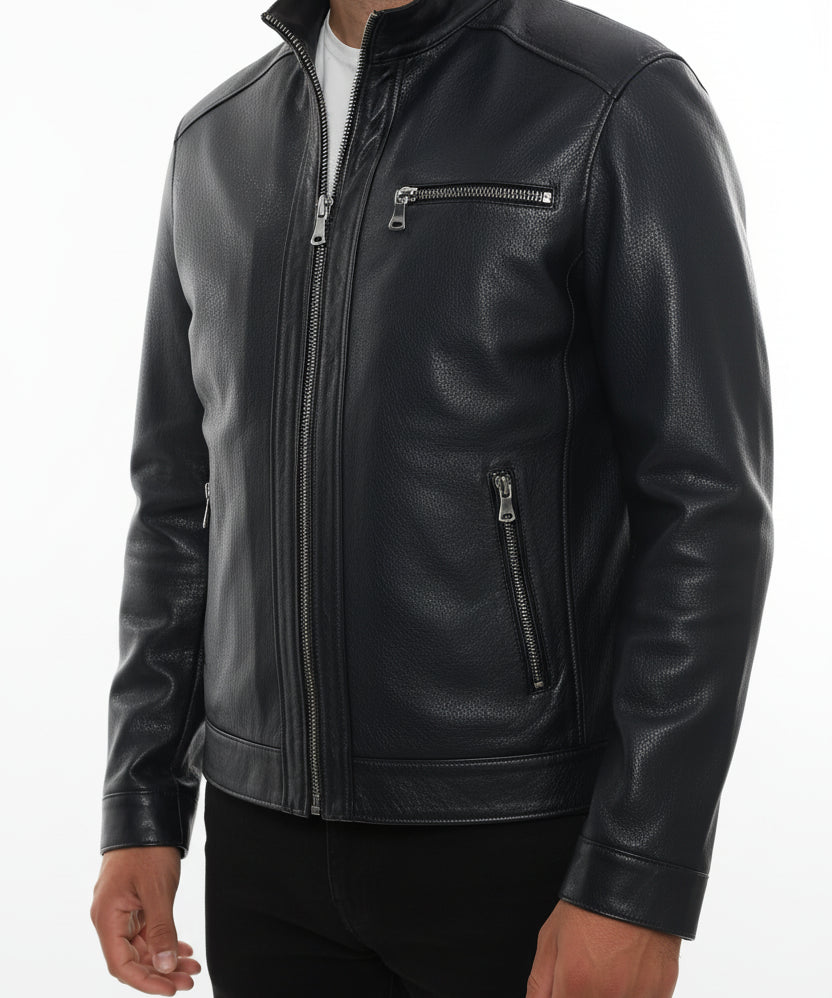 model-front-closed - Men's Racer Leather Jacket, Black Leather Jacket, Cafe Racer Jacket, Slim Fit Biker Jacket