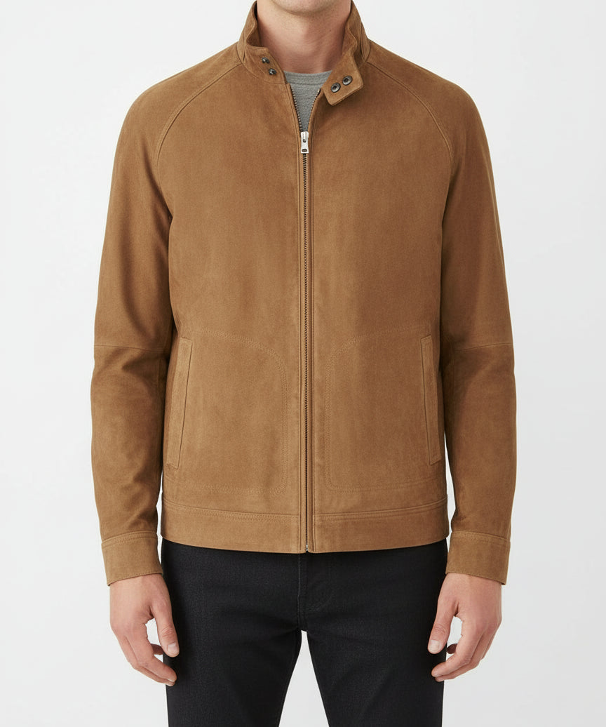 model-front-closed - Men's Racer Suede Jacket, Men's Suede Jacket, Racer Style Jacket, Lightweight Suede Jacket