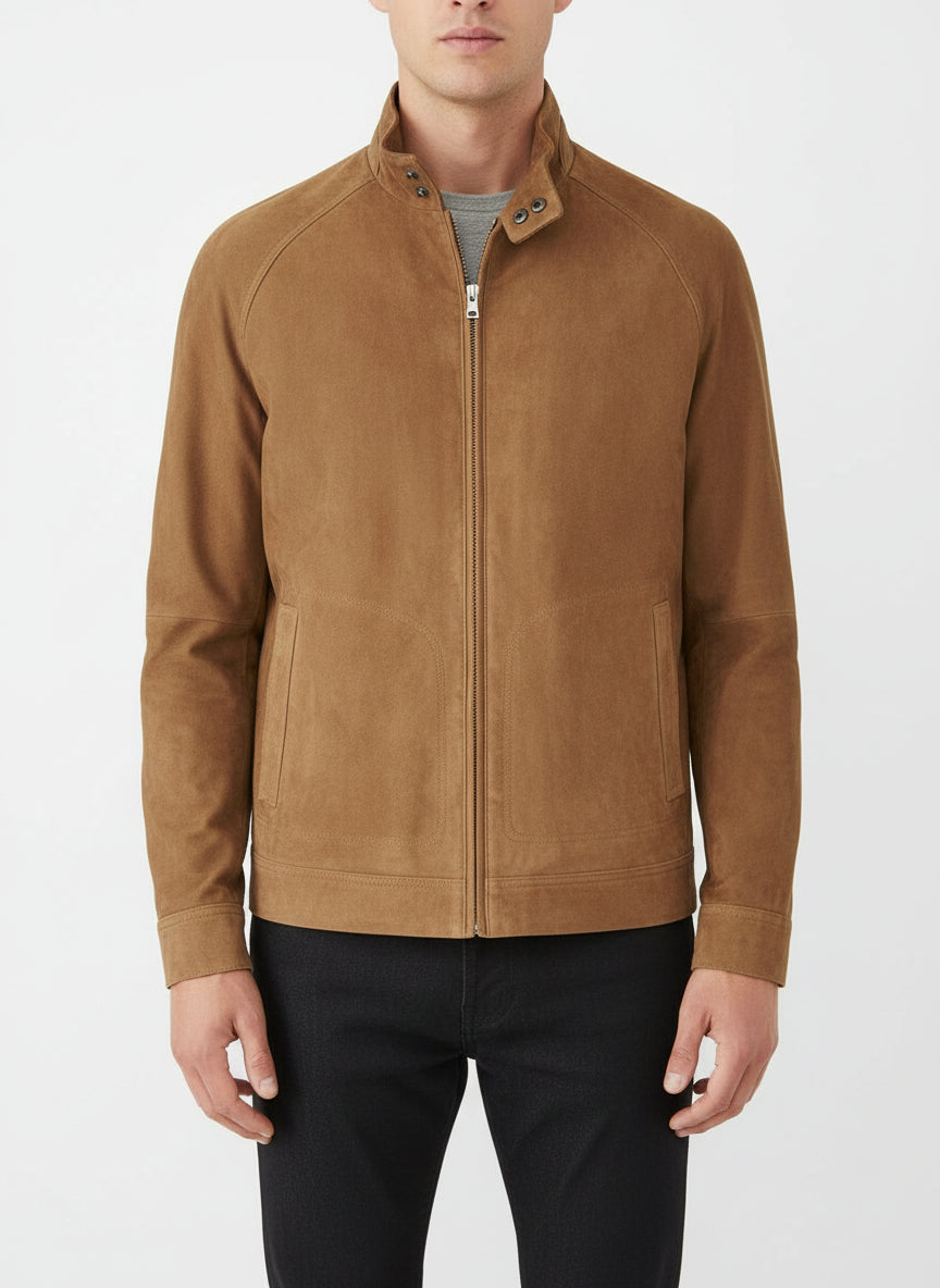 model-front-closed - Men's Racer Suede Jacket, Men's Suede Jacket, Racer Style Jacket, Lightweight Suede Jacket
