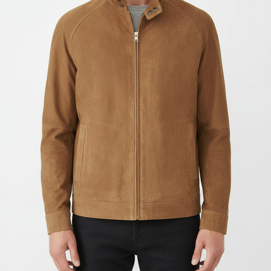 model-front-closed - Men's Racer Suede Jacket, Men's Suede Jacket, Racer Style Jacket, Lightweight Suede Jacket