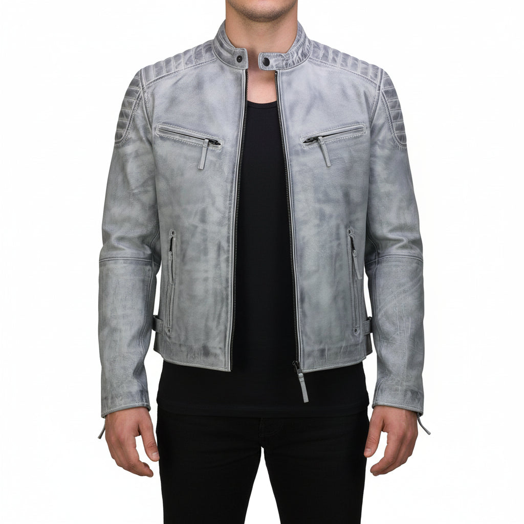 model-front-closed - Mens Real Leather Antique Wash Retro Vintage Style Biker Jacket Slim fit