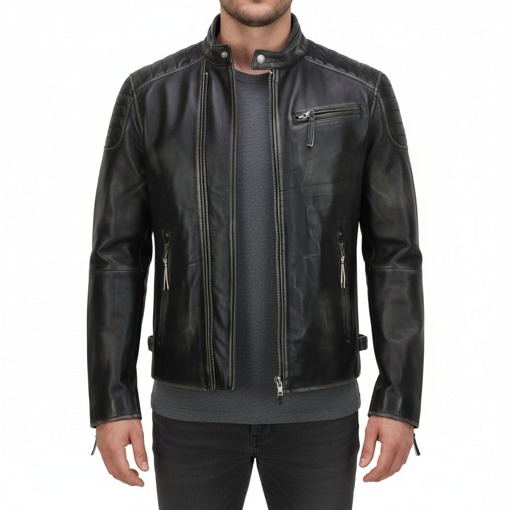 model-front-closed - Mens Real Leather black Retro Vintage Style Biker Jacket, Slim fit jacket