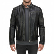 model-front-closed - Mens Real Leather black Retro Vintage Style Biker Jacket, Slim fit jacket
