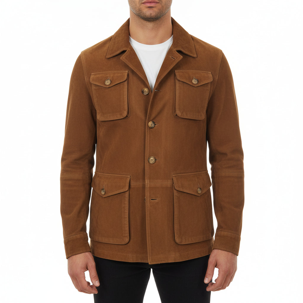 model-front-closed - Men's Safari Jacket, Field Jacket for Men, Suede Field Jacket, Men's Outdoor Jacket