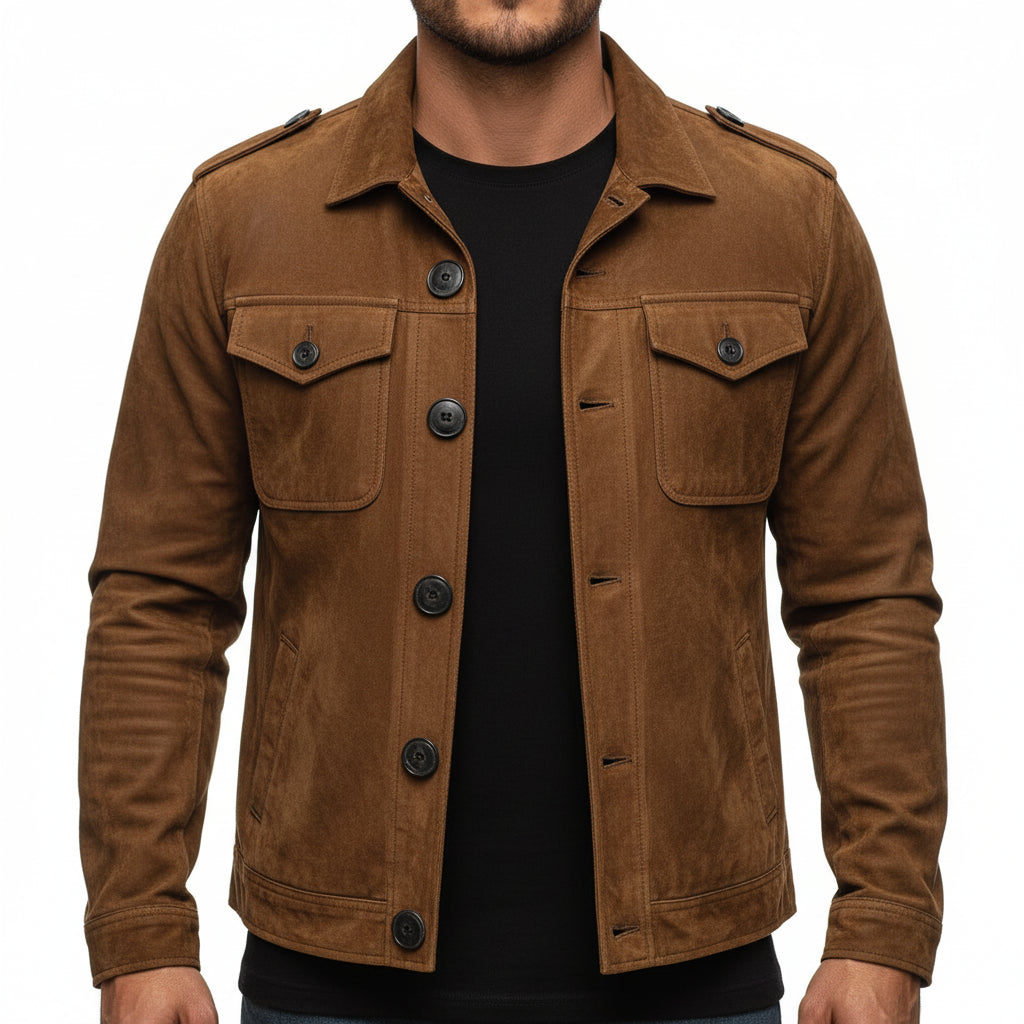 model-front-closed - Men's Safari Jacket, Suede Leather Jacket, Men's Field Jacket, Cognac Brown Suede Jacket