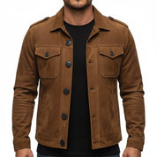 model-front-closed - Men's Safari Jacket, Suede Leather Jacket, Men's Field Jacket, Cognac Brown Suede Jacket