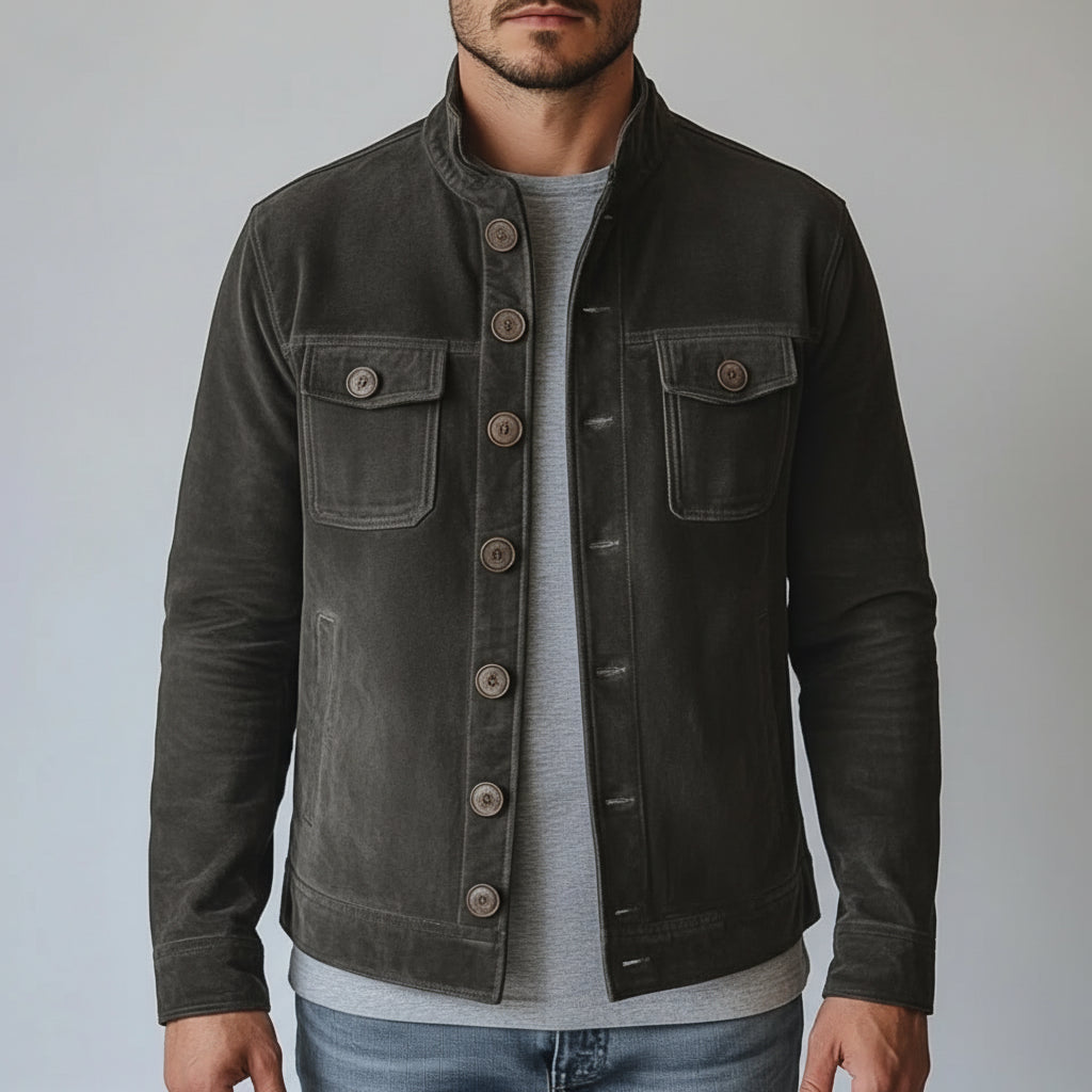 model-front-closed - Men's Shirt Jacket, Men's Utility Jacket, Olive Green Suede Jacket, Casual Suede Jacket