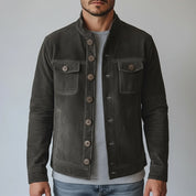 model-front-closed - Men's Shirt Jacket, Men's Utility Jacket, Olive Green Suede Jacket, Casual Suede Jacket