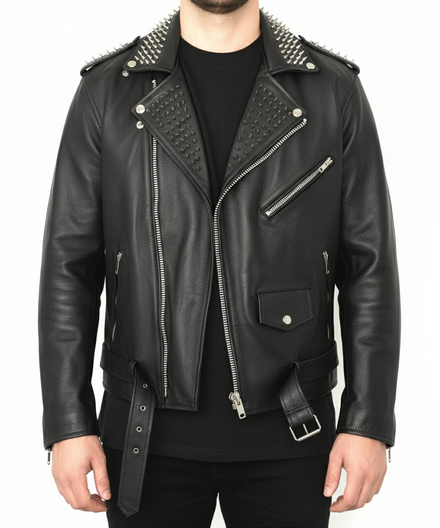 model-front-closed - Men's Skull Studded Black Leather Jacket