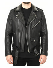 model-front-closed - Men's Skull Studded Black Leather Jacket