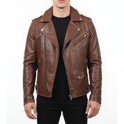 model-front-closed - Men's Slim Fit Brown Motorcycle Leather Jacket
