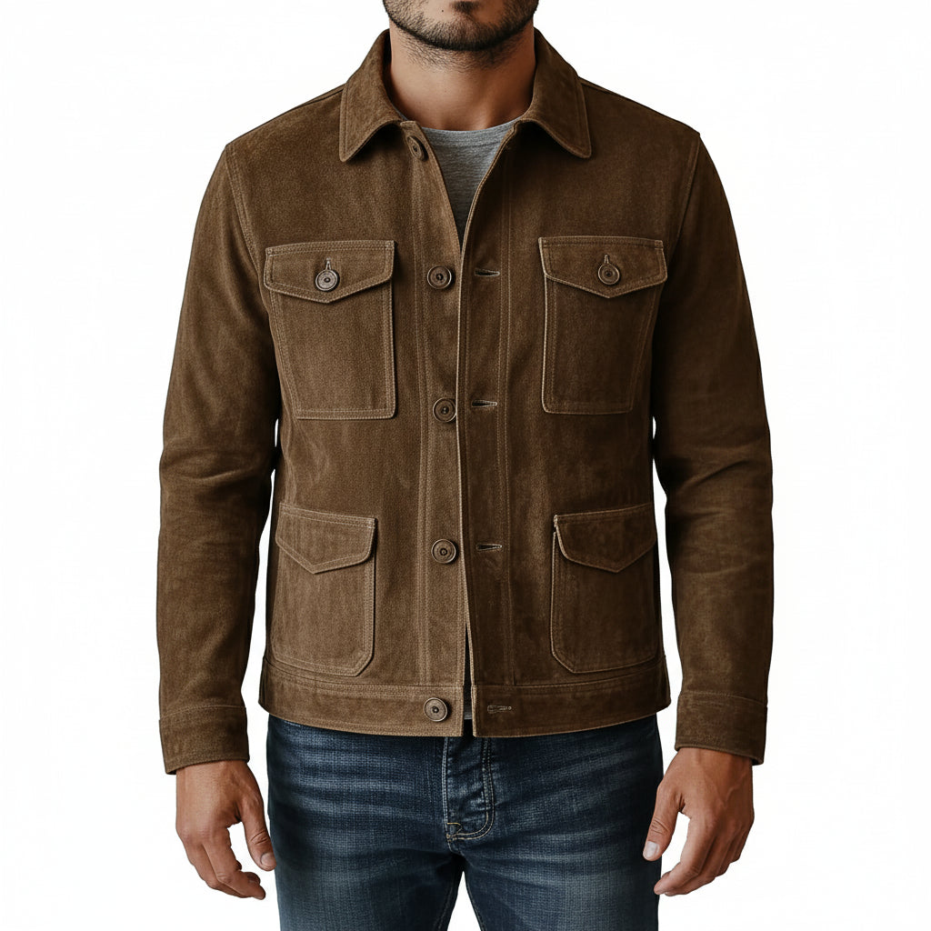 model-front-closed - Men's Suede Jacket, Brown Suede Shirt Jacket, Suede Workwear Jacket, Button-Front Suede Jacket