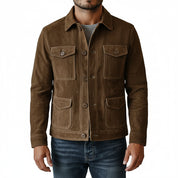 model-front-closed - Men's Suede Jacket, Brown Suede Shirt Jacket, Suede Workwear Jacket, Button-Front Suede Jacket